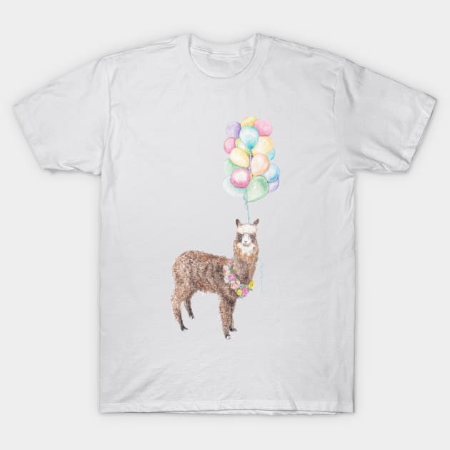 Llama alpaca boho flower garland balloon illustration T-Shirt by wanderinglaur